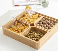 Bamboo | Wooden Divided Serving Tray with Clear Acrylic Lid Dried Fruit Storage Box 4 Grid Nuts Platter Snack Candy Plate Bamboo Divided Serving Tray