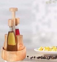 OIL AND VINEGAR GLASS WITH WOODEN BASE