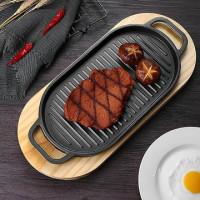 STEAK CAST IRON PAN / GRILL PAN /COOKING PLATE WITH WOODEN TRAY KITCHEN COOKWARE/BLACK